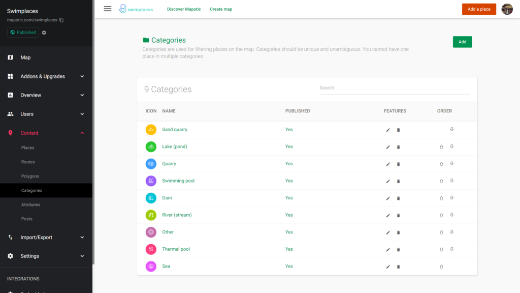Example overview of categories in the Mapotic admin panel