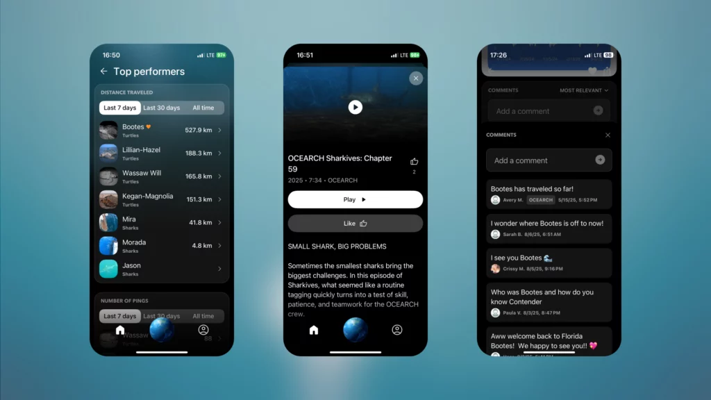 The image shows three mobile app screens with showcase engagement features like leaderboards, comments or Behind The Scenes content.